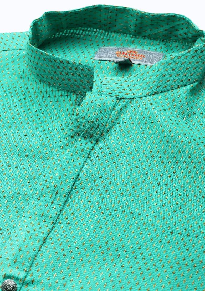 Green Woven Design Cotton Kurta Set For Men - Indya