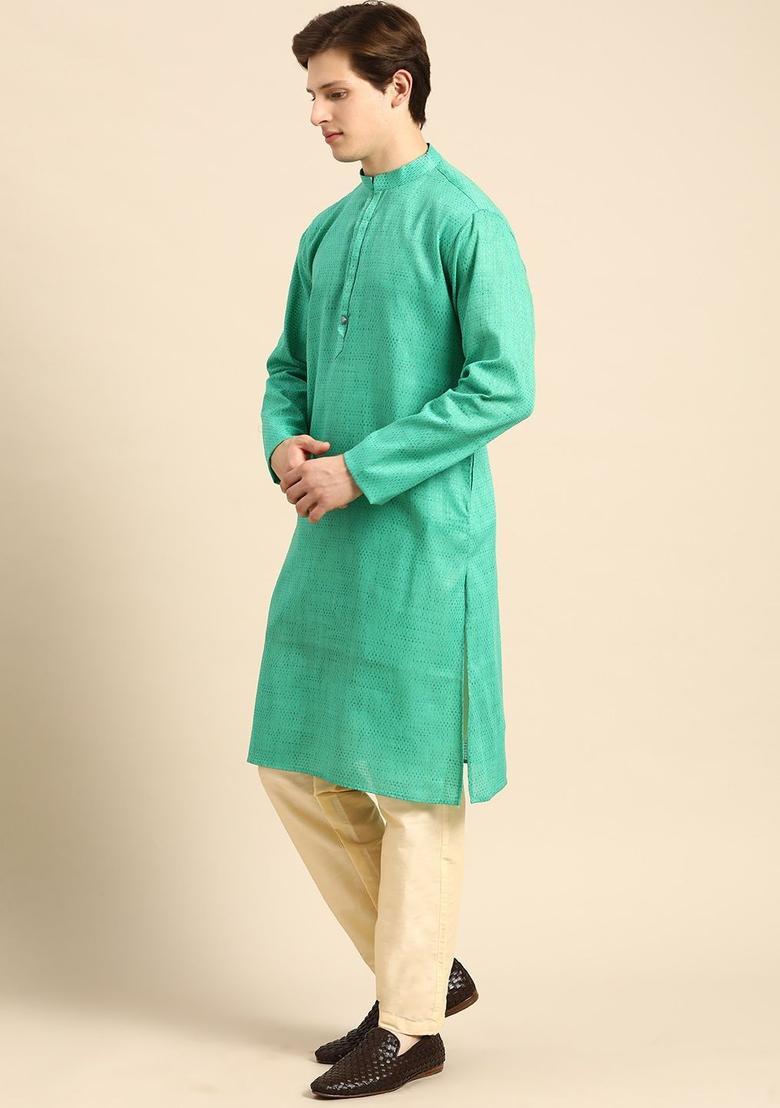 Green Woven Design Cotton Kurta Set For Men - Indya