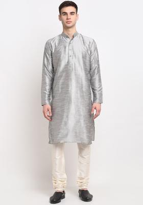 Silver Solid Silk Kurta Set For Men