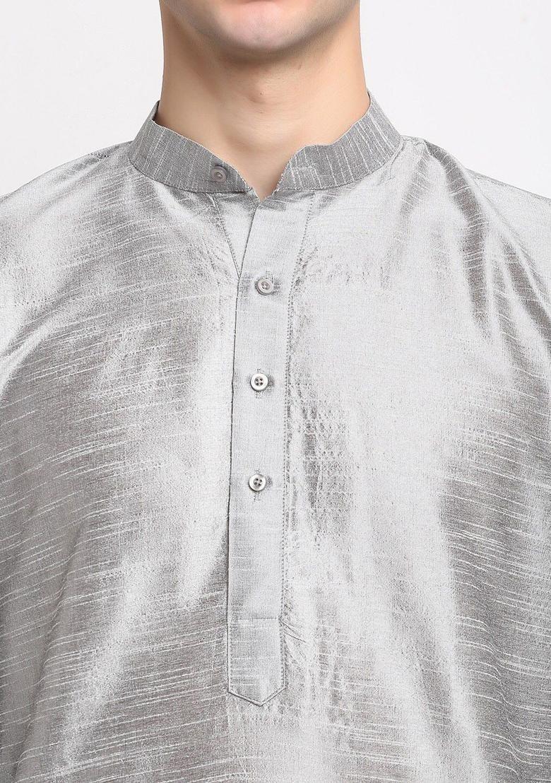 Silver Solid Silk Kurta Set For Men - Indya