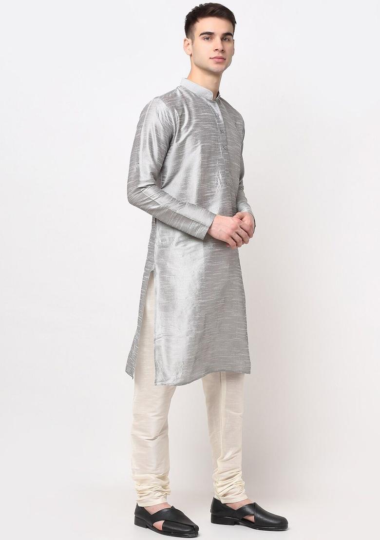 Silver Solid Silk Kurta Set For Men - Indya