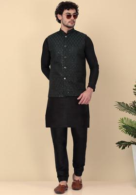 Black Woven Design Silk Kurta Set For Men