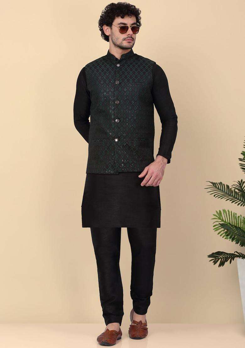 Black Woven Design Silk Blend Kurta Set For Men - Indya