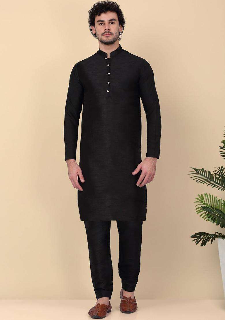 Black Woven Design Silk Blend Kurta Set For Men - Indya