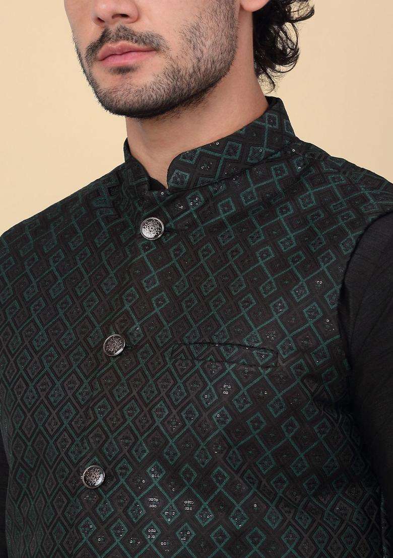 Black Woven Design Silk Blend Kurta Set For Men - Indya