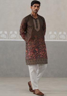 Brown Printed Cotton Kurta Set For Men