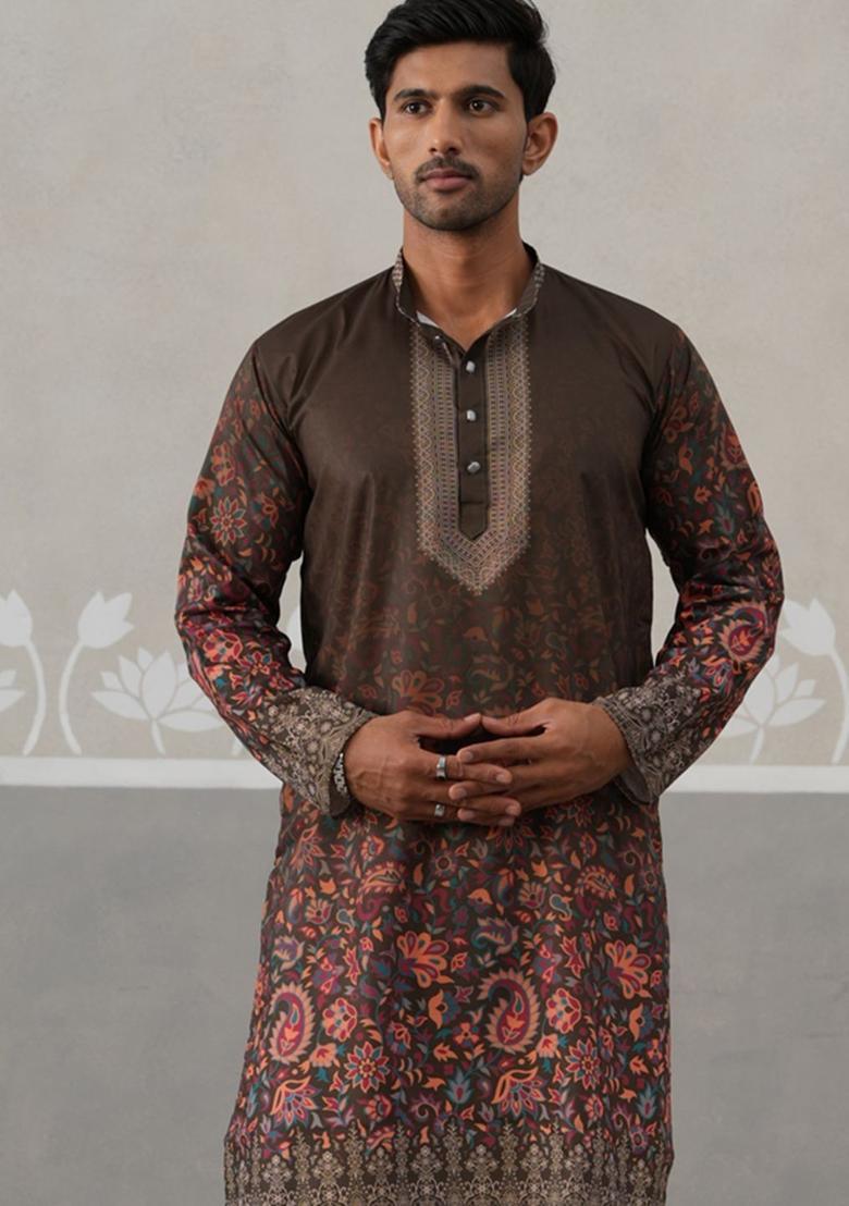 Brown Printed Cotton Kurta Set For Men - Indya