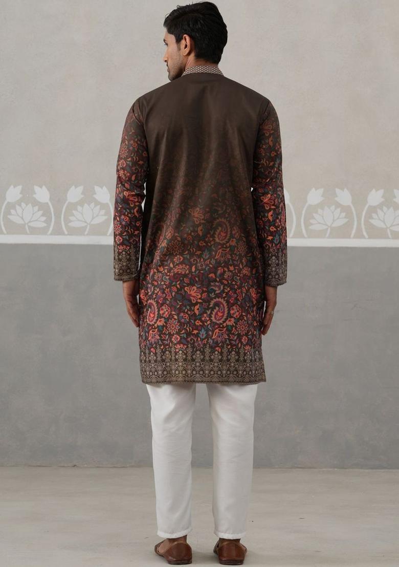 Brown Printed Cotton Kurta Set For Men - Indya