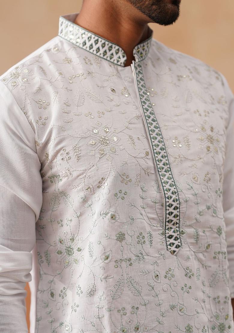White Embroidered Silk Kurta Set For Men - Indya