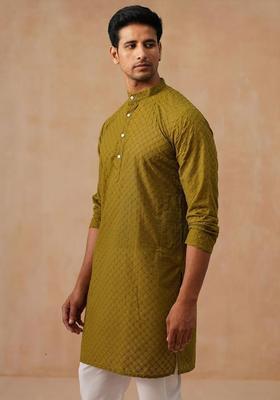 Olive Embroidered Cotton Kurta Set For Men