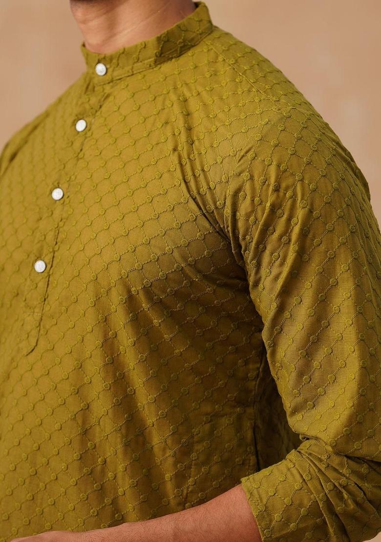 Olive Embroidered Cotton Kurta Set For Men - Indya