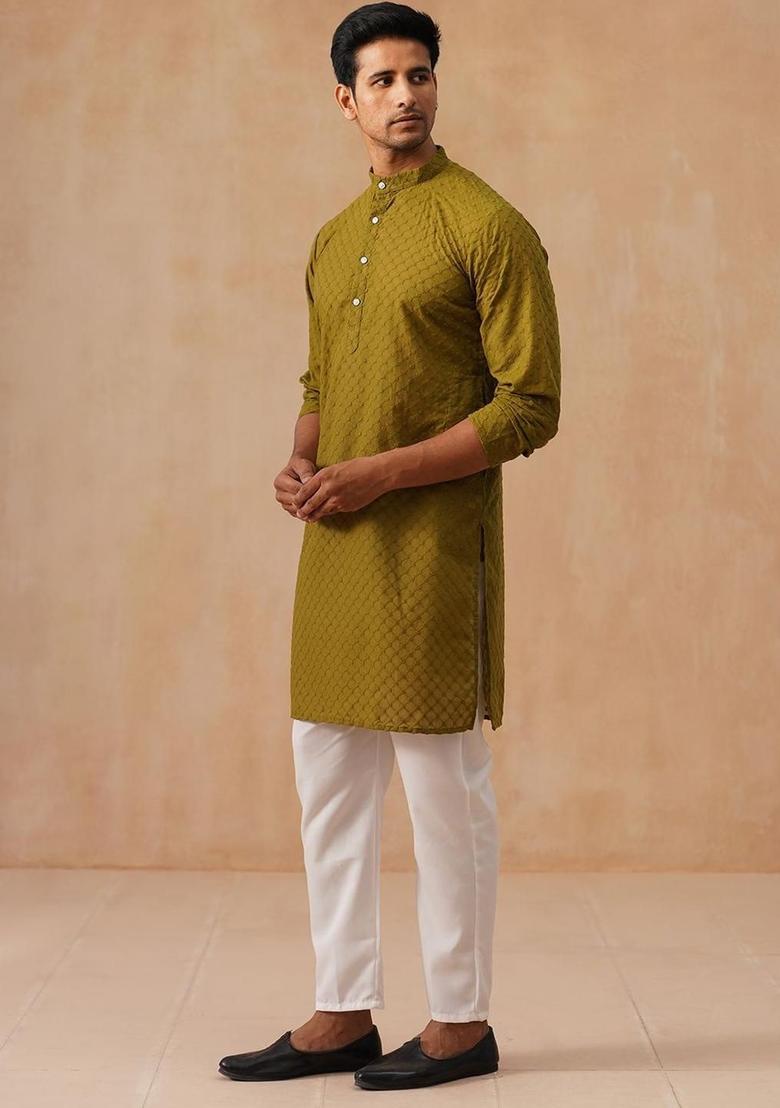 Olive Embroidered Cotton Kurta Set For Men - Indya