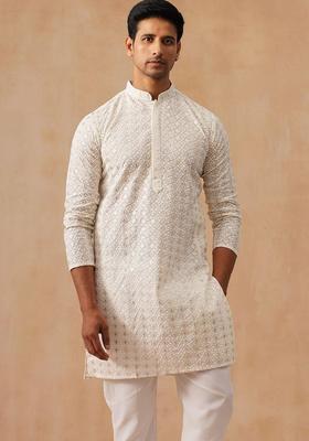 Beige Embroidered Cotton Kurta Set For Men