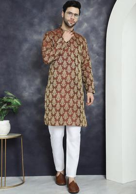 Maroon Woven Design Silk Kurta Set For Men