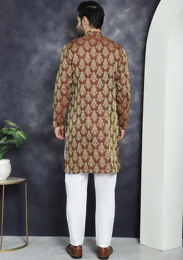 Maroon Woven Design Silk Kurta Set For Men - Indya