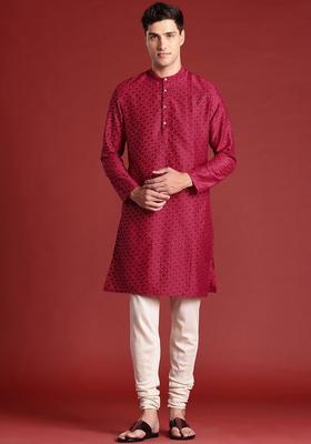 Maroon Printed Polyester Kurta Set For Men