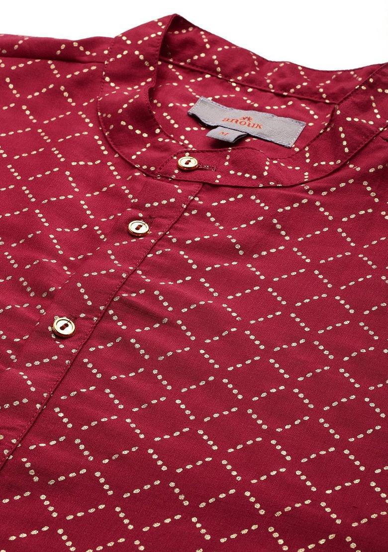 Maroon Printed Polyester Kurta Set For Men - Indya