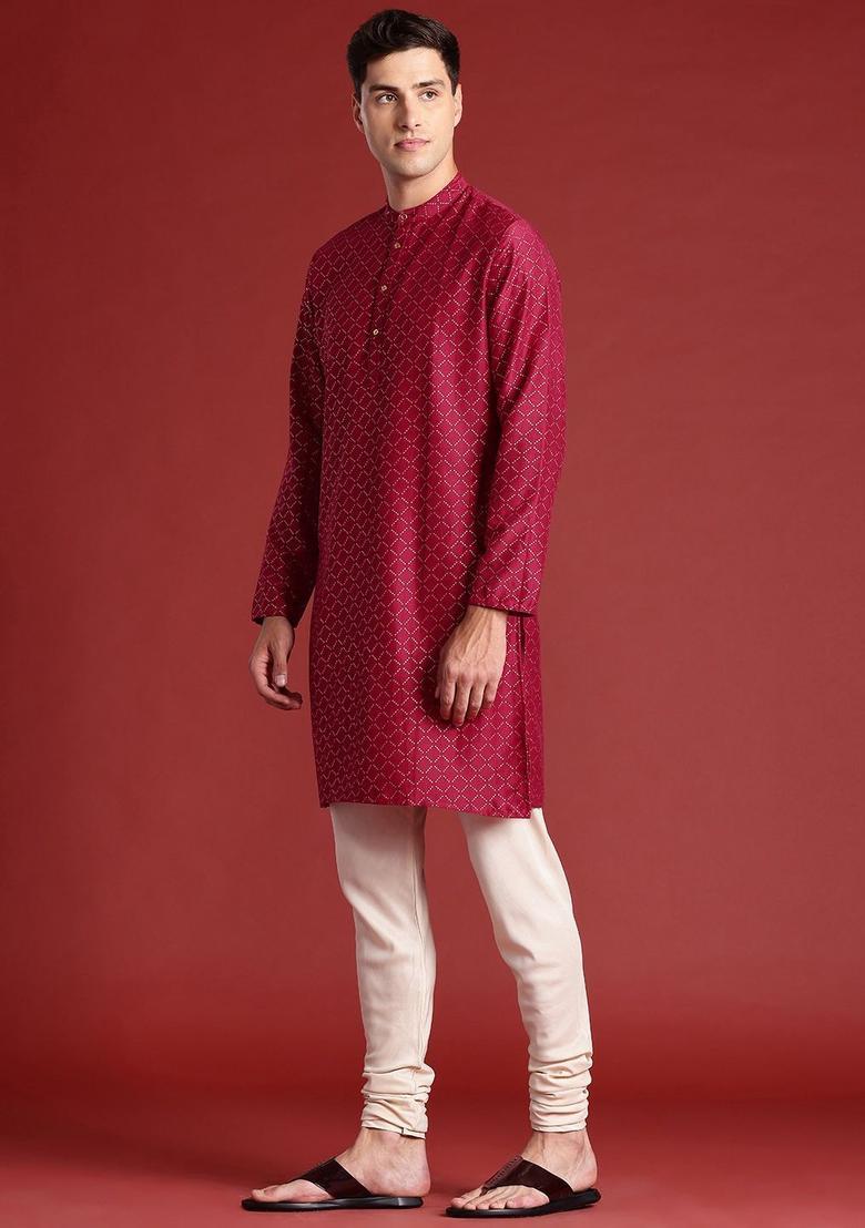 Maroon Printed Polyester Kurta Set For Men - Indya