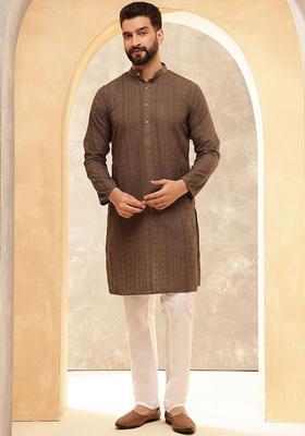 Brown Embroidered Cotton Kurta Set For Men