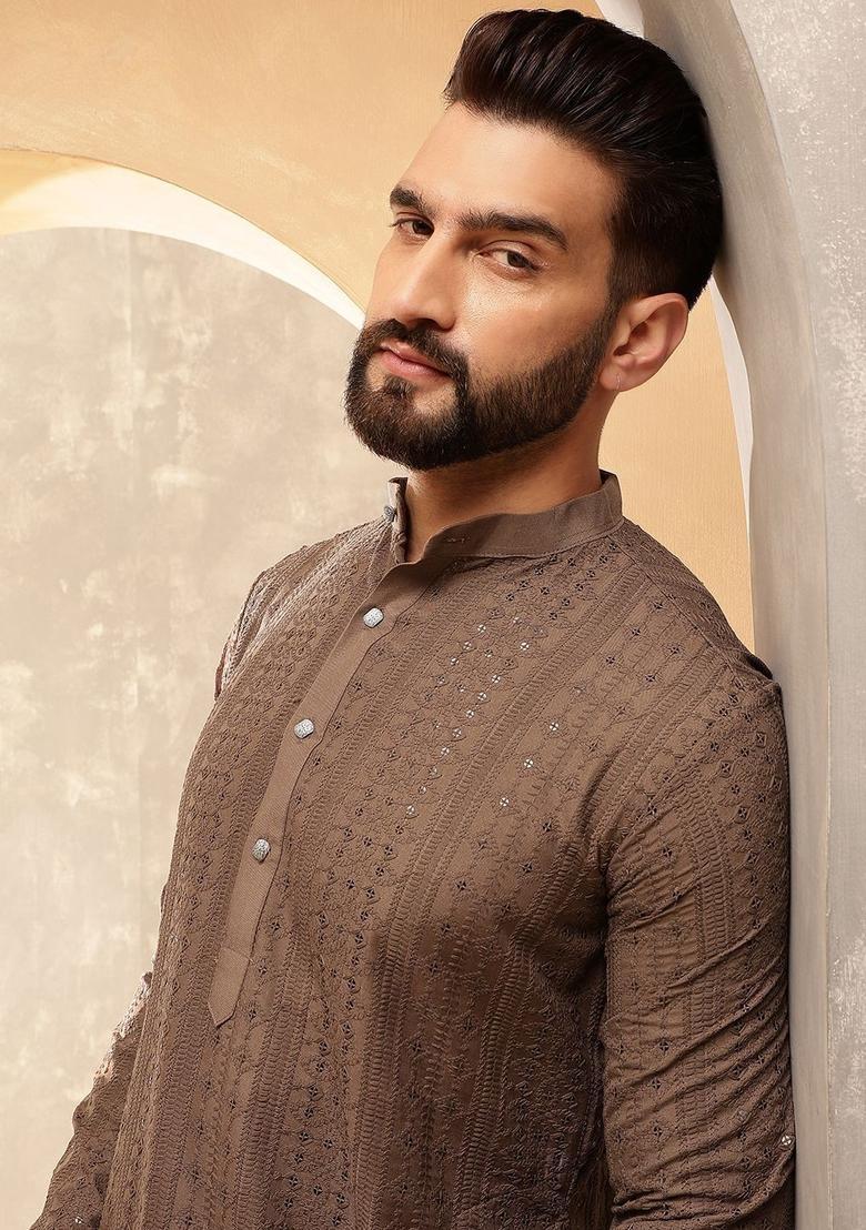 Brown Embroidered Cotton Kurta Set For Men - Indya
