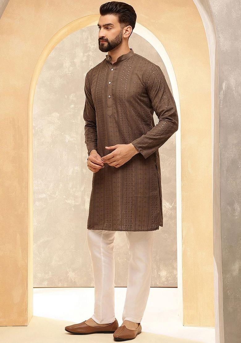 Brown Embroidered Cotton Kurta Set For Men - Indya