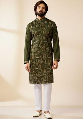 Olive Embroidered Cotton Kurta Set For Men