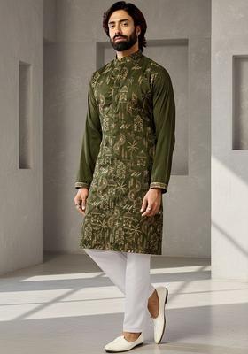 Olive Embroidered Cotton Kurta Set For Men