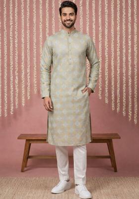 Green Woven Design Cotton Kurta Set For Men