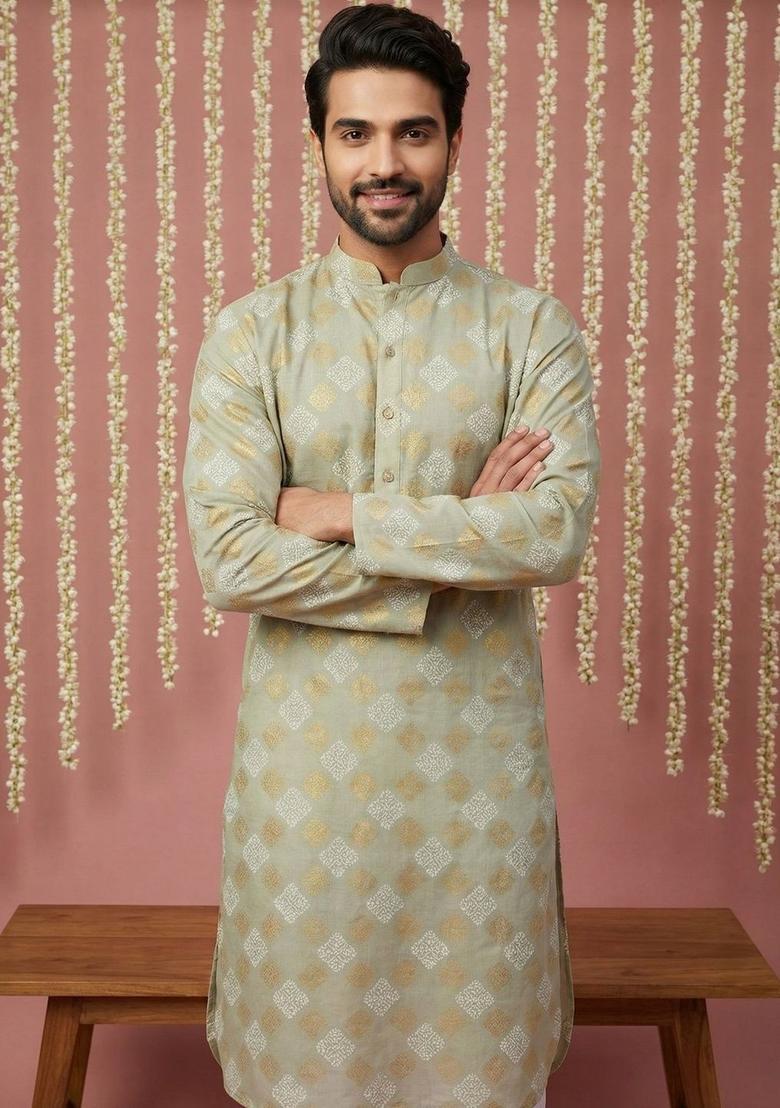 Green Woven Design Cotton Kurta Set For Men - Indya