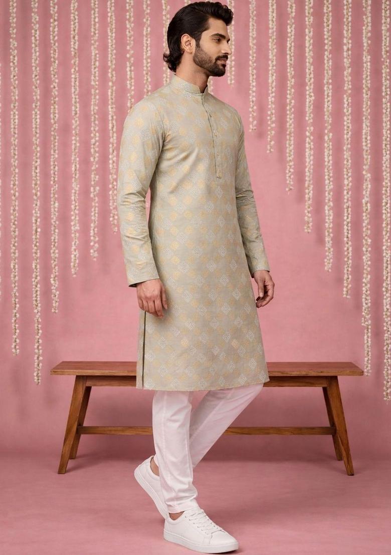 Green Woven Design Cotton Kurta Set For Men - Indya