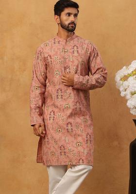 Peach Printed Silk Kurta Set For Men