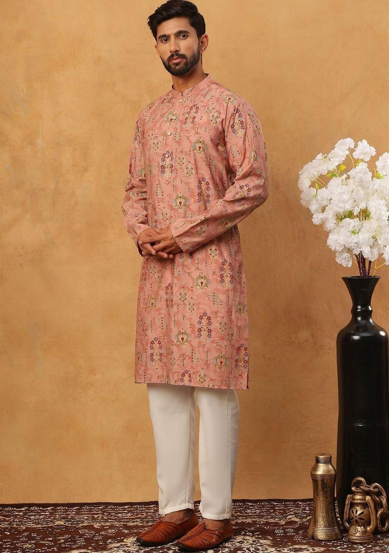 Peach Printed Silk Kurta Set For Men - Indya