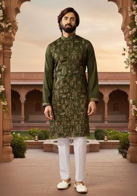 Olive Embroidered Cotton Kurta Set For Men