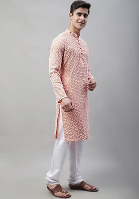 Peach Embroidered Cotton Kurta Set For Men