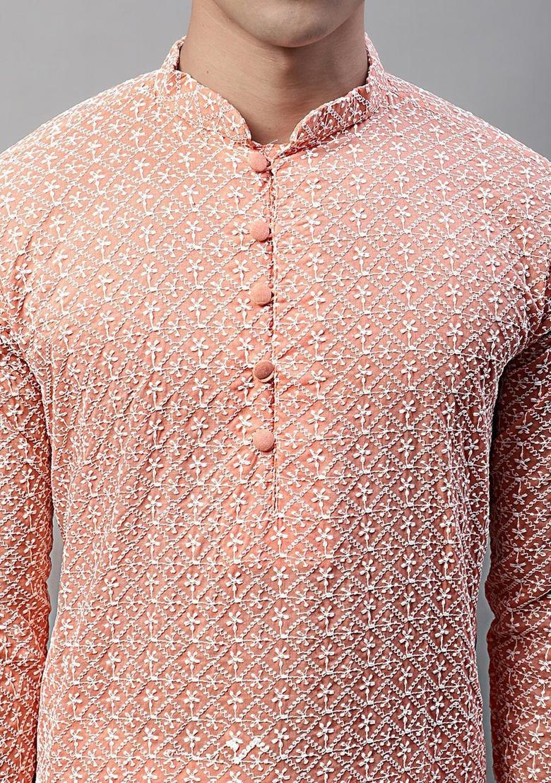 Peach Embroidered Cotton Kurta Set For Men - Indya