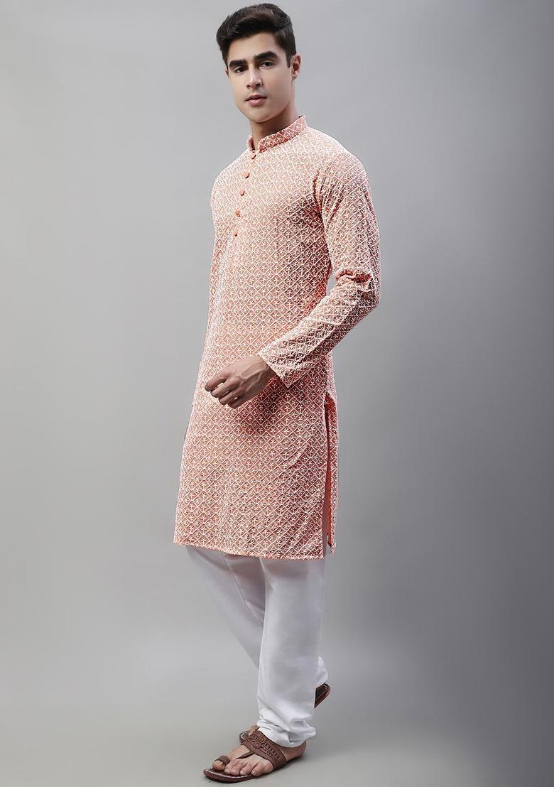 Peach Embroidered Cotton Kurta Set For Men - Indya