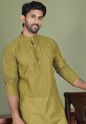 Yellow Woven Design Cotton Kurta Set For Men