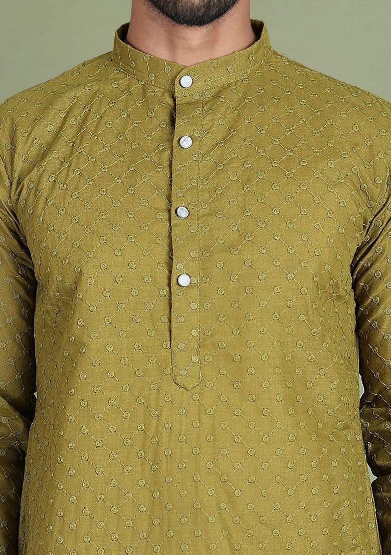 Yellow Woven Design Cotton Kurta Set For Men - Indya
