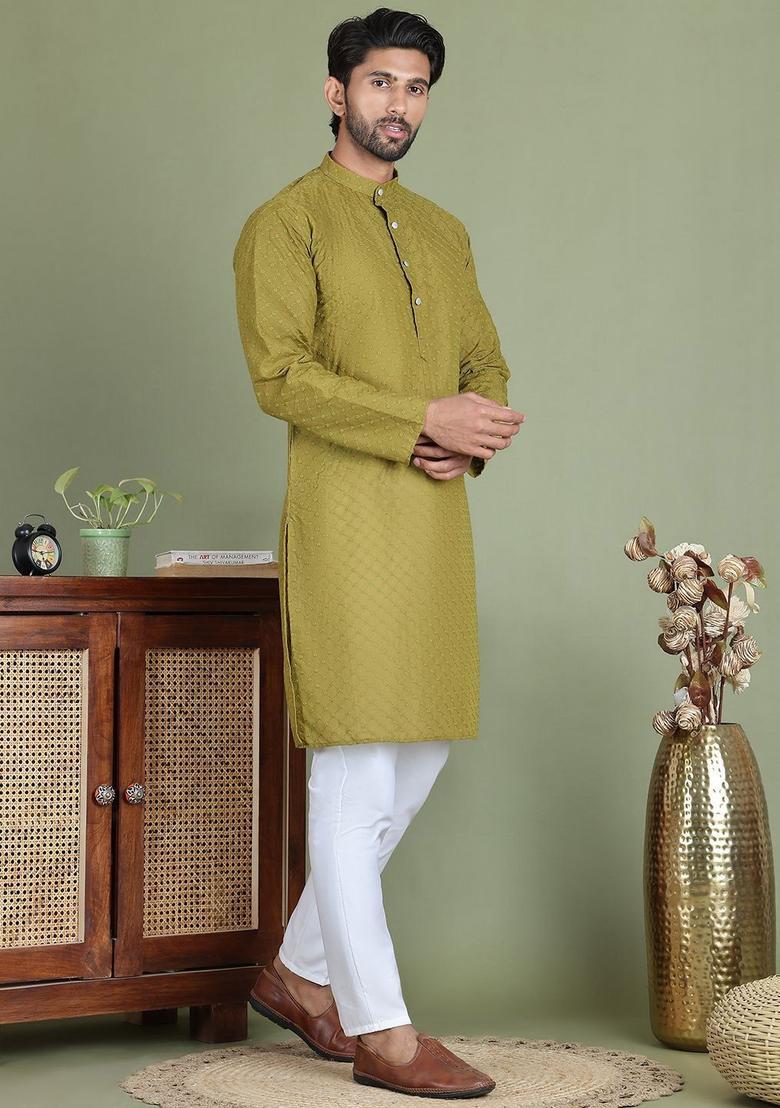 Yellow Woven Design Cotton Kurta Set For Men - Indya