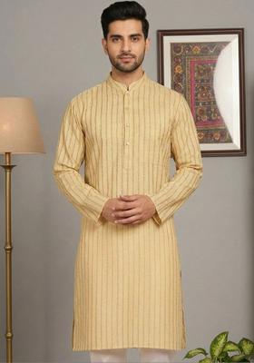 Yellow Striped Cotton Kurta Set For Men