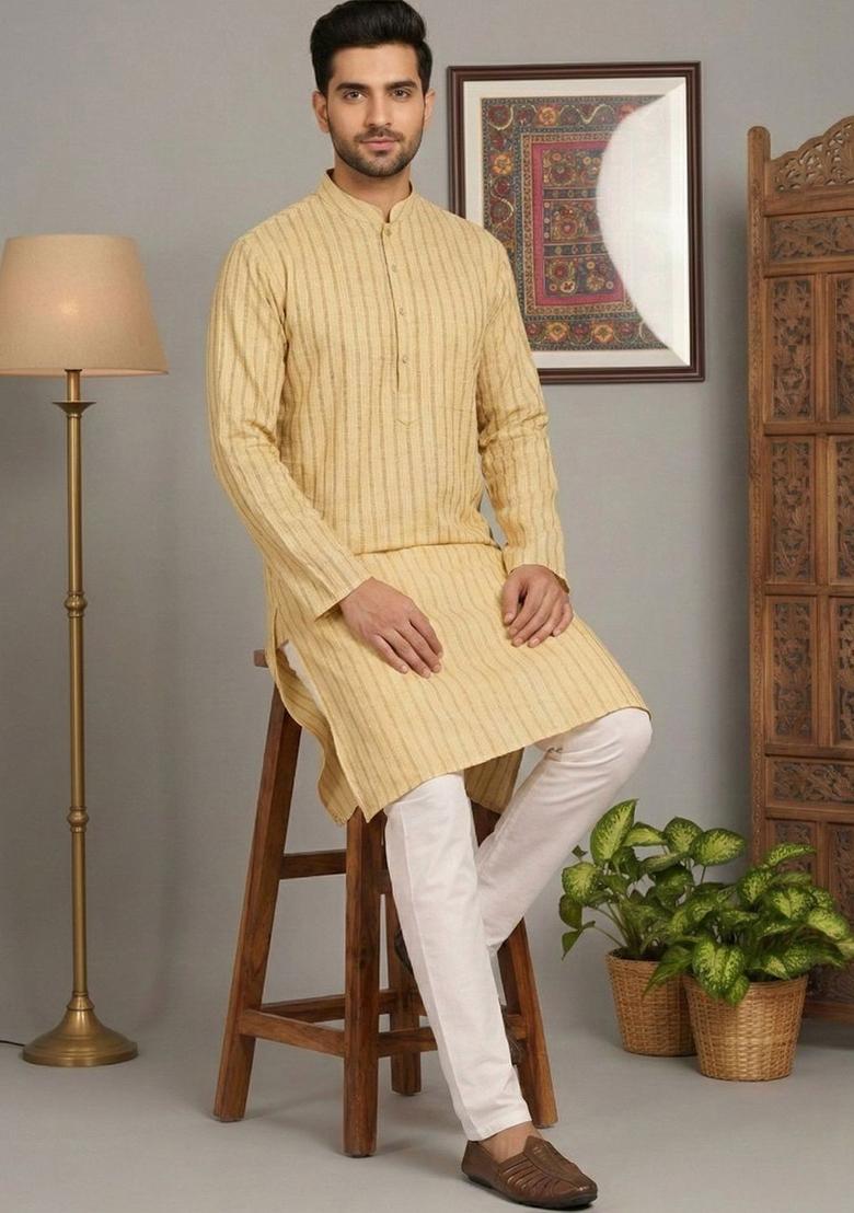 Yellow Striped Cotton Kurta Set For Men - Indya