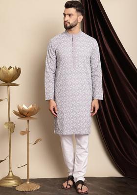 Purple Embroidered Cotton Kurta Set For Men