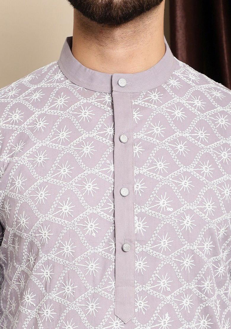Purple Embroidered Cotton Kurta Set For Men - Indya