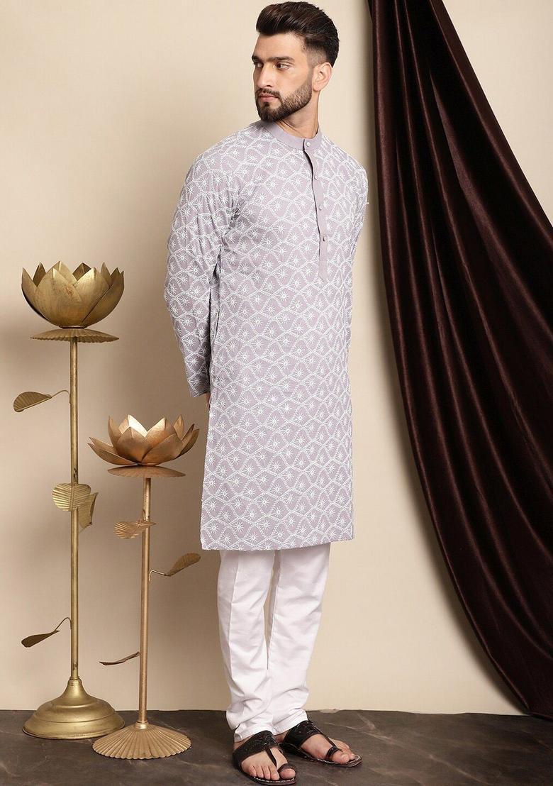 Purple Embroidered Cotton Kurta Set For Men - Indya