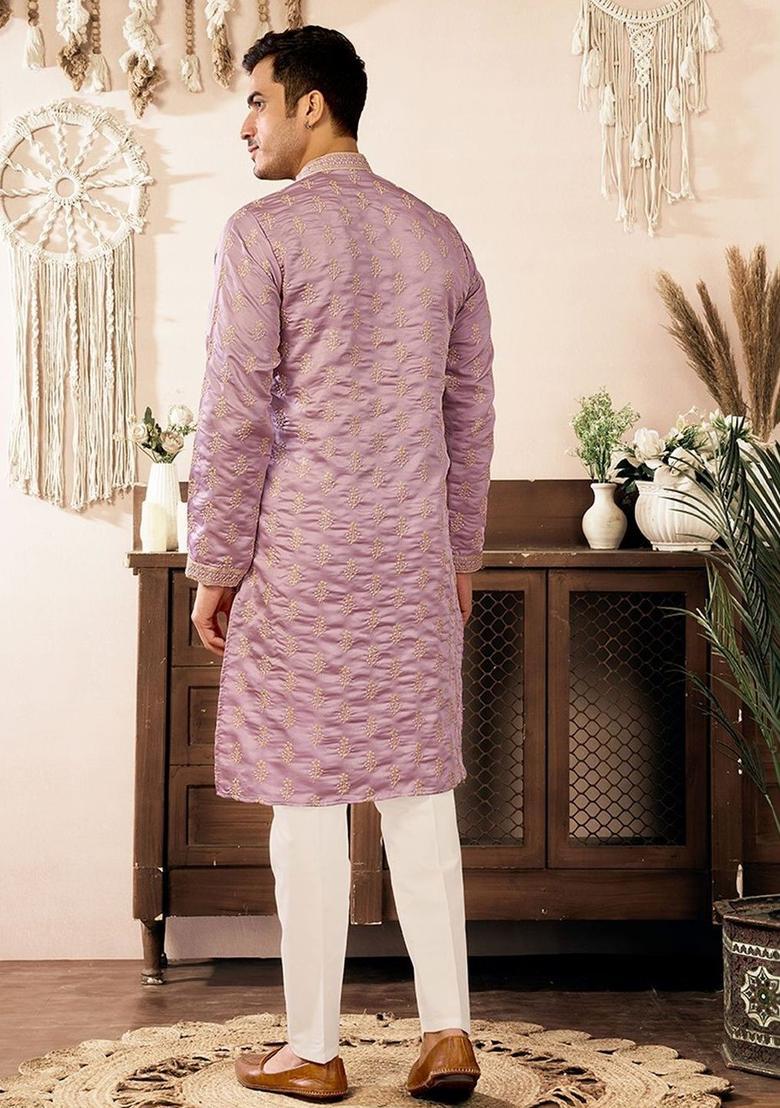 Purple Embroidered Cotton Kurta Set For Men - Indya