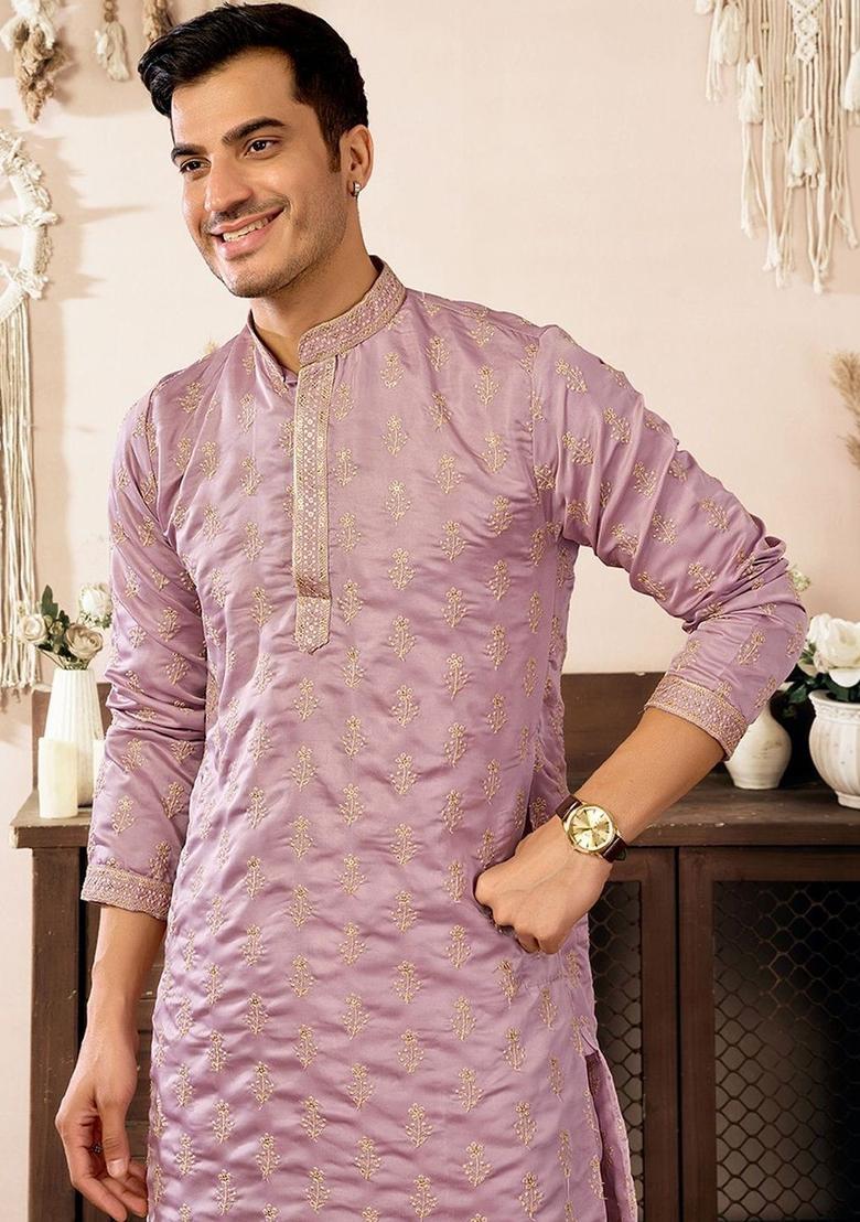 Purple Embroidered Cotton Kurta Set For Men - Indya