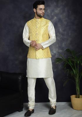 Yellow Embroidered Silk Kurta Set For Men