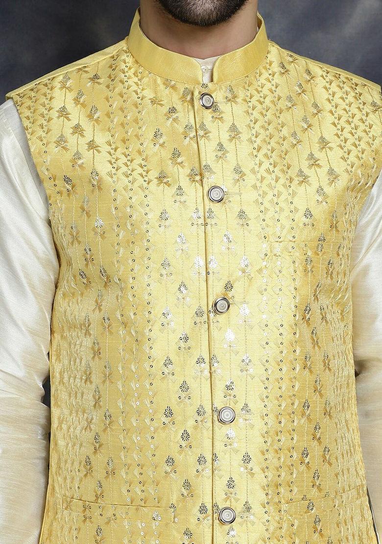 Yellow Embroidered Silk Kurta Set For Men - Indya