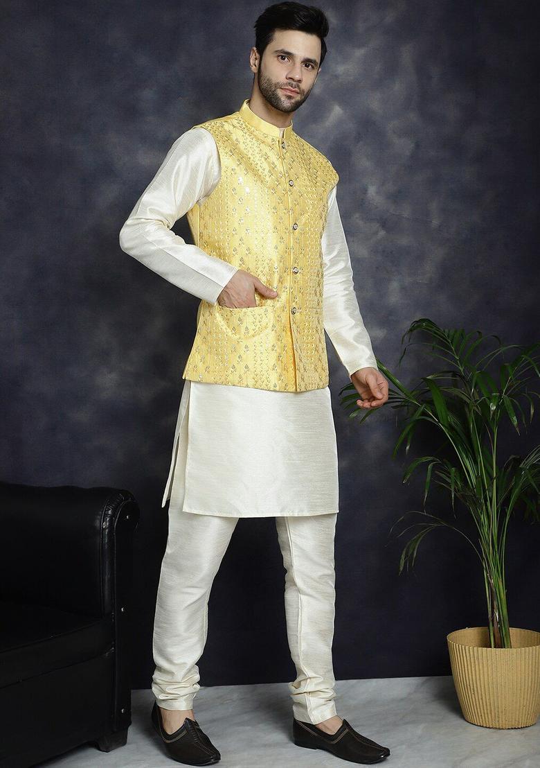 Yellow Embroidered Silk Kurta Set For Men - Indya