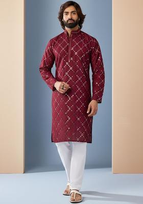 Maroon Embroidered Polyester Kurta Set For Men